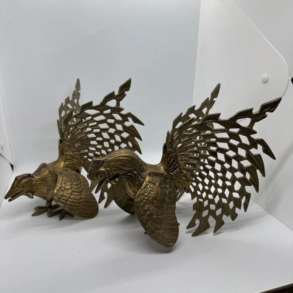 Vintage Brass Fighting Birds Statue Pair - Picture 7 of 11